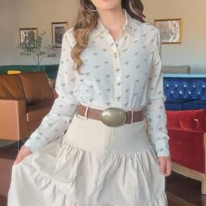 White Button-Up Blouse with Derby Pattern